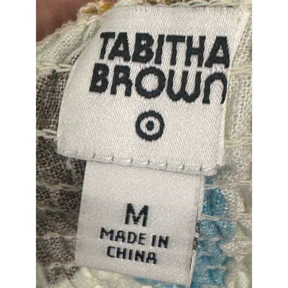 Tabitha Brown Target Puff Sleeve Dress M Linen Blend Rainbow Leaf Print Boho - Picture 7 of 9